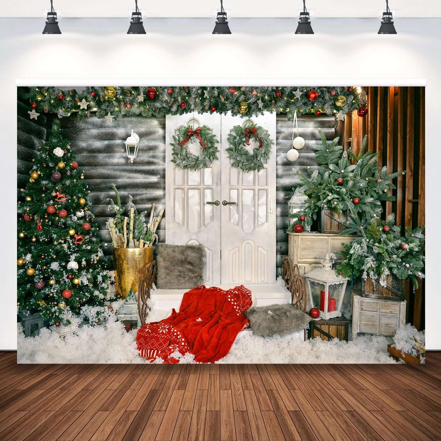Božićno drvce, vrata, zid, foto kabina, pozadina, dječji obiteljski portret, pozadine za fotografije, studio