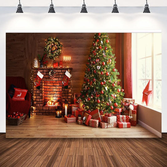 Різдвяна ялинка, подарункова коробка, камін, стіна, фотокамера, фон, дитячий сімейний портрет