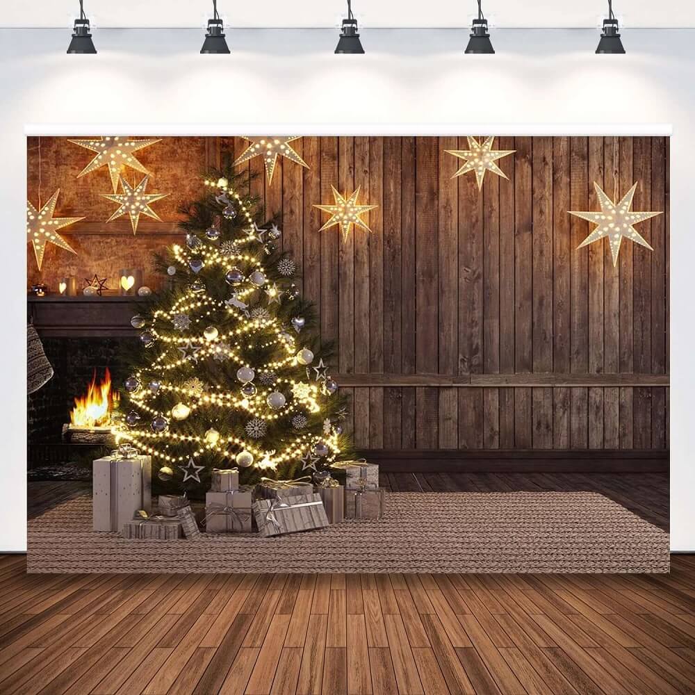 Christmas Tree Lights Wood Wall Photo Booth Backdrop Baby Family Portrait Photography Backgrounds