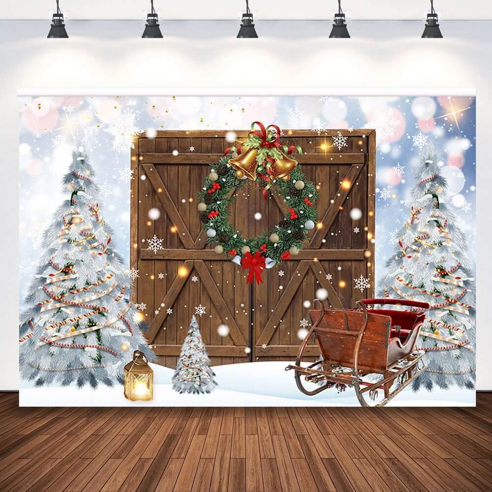 Christmas Tree Snow Door Winter Wall Photo Booth Backdrops Baby Family Portrait Photography