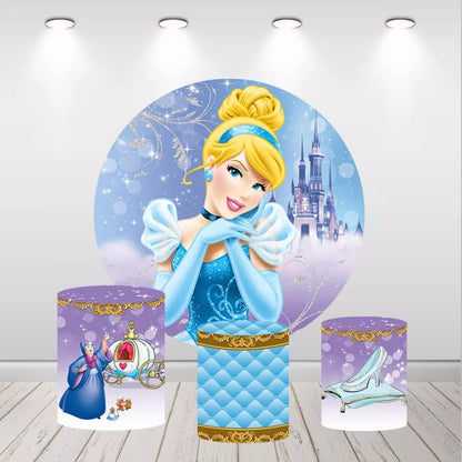 Cinderella Glitter Castle Round Backdrop Girls Birthday Party Decor
