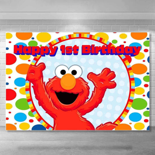 Crvena Elmo dječja pozadina za prvi rođendan, pozadina šarenih točkica za dječaka i djevojčicu Sesame Street