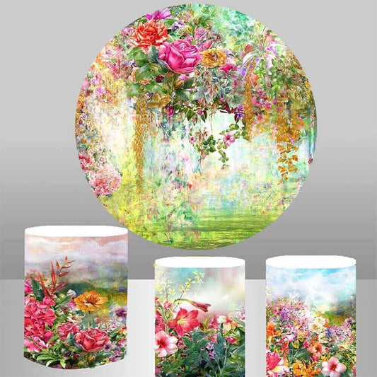 Floral oil painting backdrop featuring a vibrant mix of blooming flowers with matching plinth covers in coordinating colors, ideal for weddings, events, and photography.