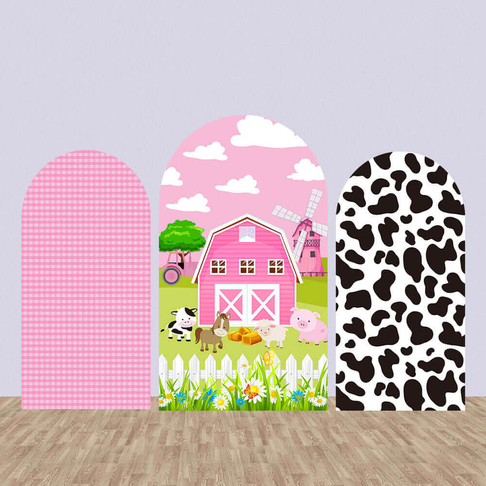 Cow Print Farm Birthday Arched Wall Chiara Backdrop for Girls Animals Pink House Background Arch Stand Frames