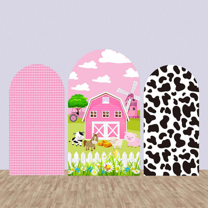Cow Print Farm Birthday Oblouková stěna Chiara pozadí pro dívky Zvířata Pink House Background Arch