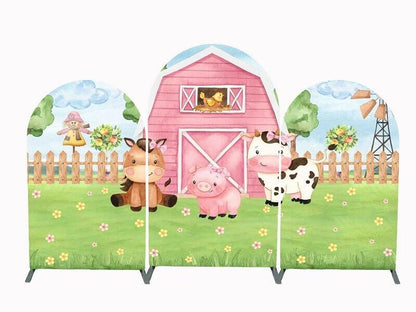 Stampe di mucca Fattoria rosa Festa di compleanno per bambini Copertina ad arco Fondale Chiara Sfondo fotografico fienile mulino a vento