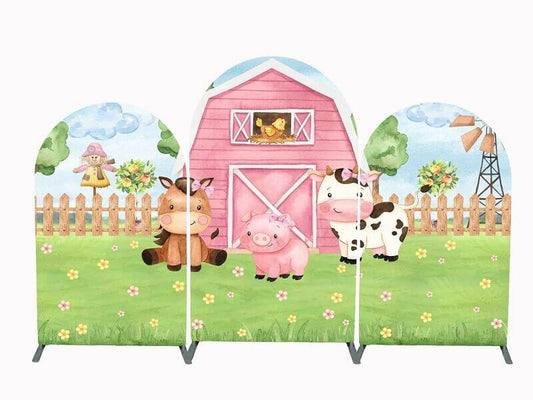 Krowa drukuje różową farmę dzieci urodziny łuk pokrywa Chiara tła wiatrak stodoła zdjęcie tła