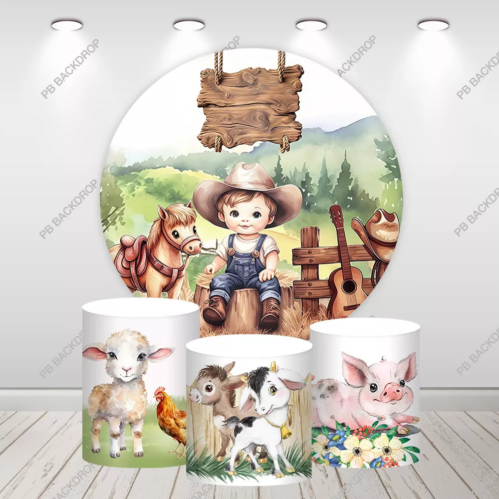 Cowboy Baby Farm Animals Round Backdrop Kids Birthday Party Background
