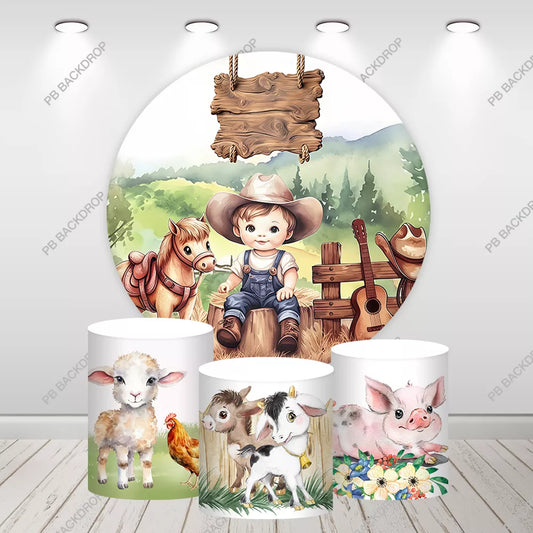 Cowboy Baby Farm Animals Round Backdrop Kids Birthday Party Background