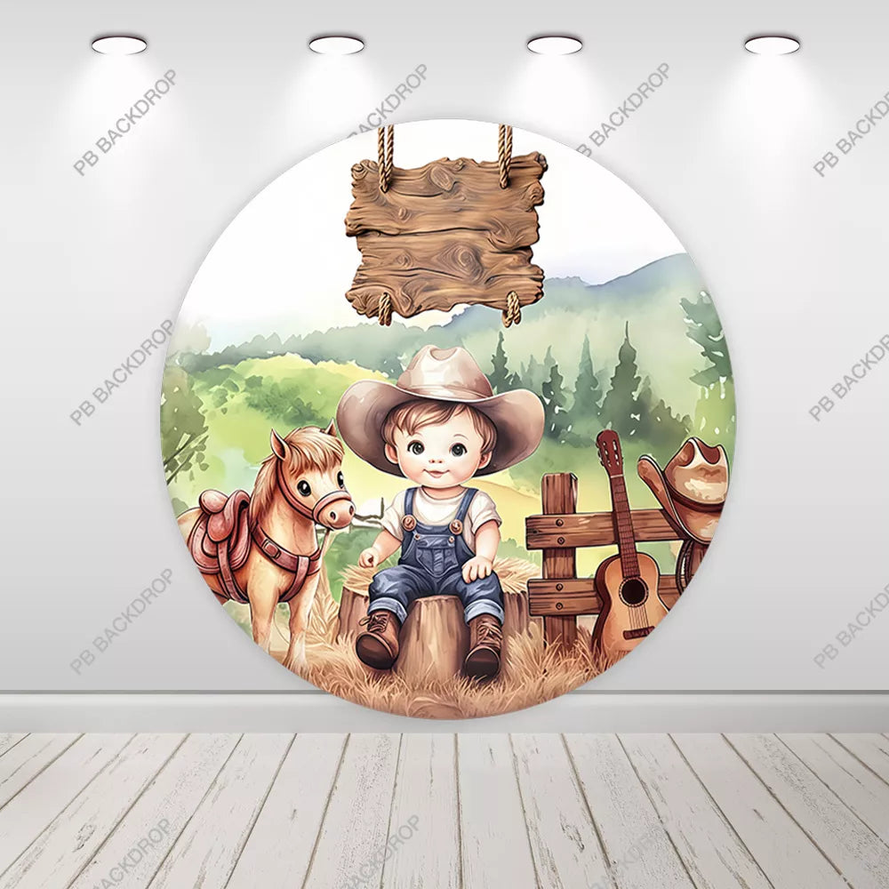 Cowboy Baby Farm Animals Round Backdrop Kids Birthday Party Background