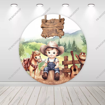 Cowboy Baby Farm Animals Round Backdrop Kids Birthday Party Background