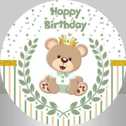 Crown Bear Green Little Star Happy Birthday Round Backdrop Cover