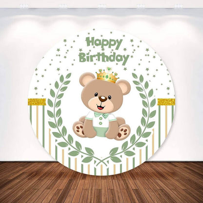 Crown Bear Green Little Star Happy Birthday Round Backdrop Cover Party