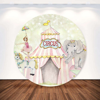 Prilagođena okrugla pozadina za rođendansku proslavu slonova u ružičastom cirkuskom baletu