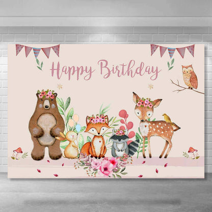 Woodland Happy Birthday Backdrop Cute Animal Fox Bear Safari Photography Background