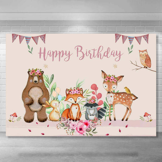 Лесной фон с днем ​​рождения, милое животное, лиса, медведь, сафари, фотография, фон для вечеринки