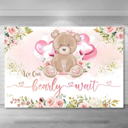 We Can Bearly Wait Backdrop Cute Bear Baby Shower Birthday Party Floral Photo Studio Backdrop