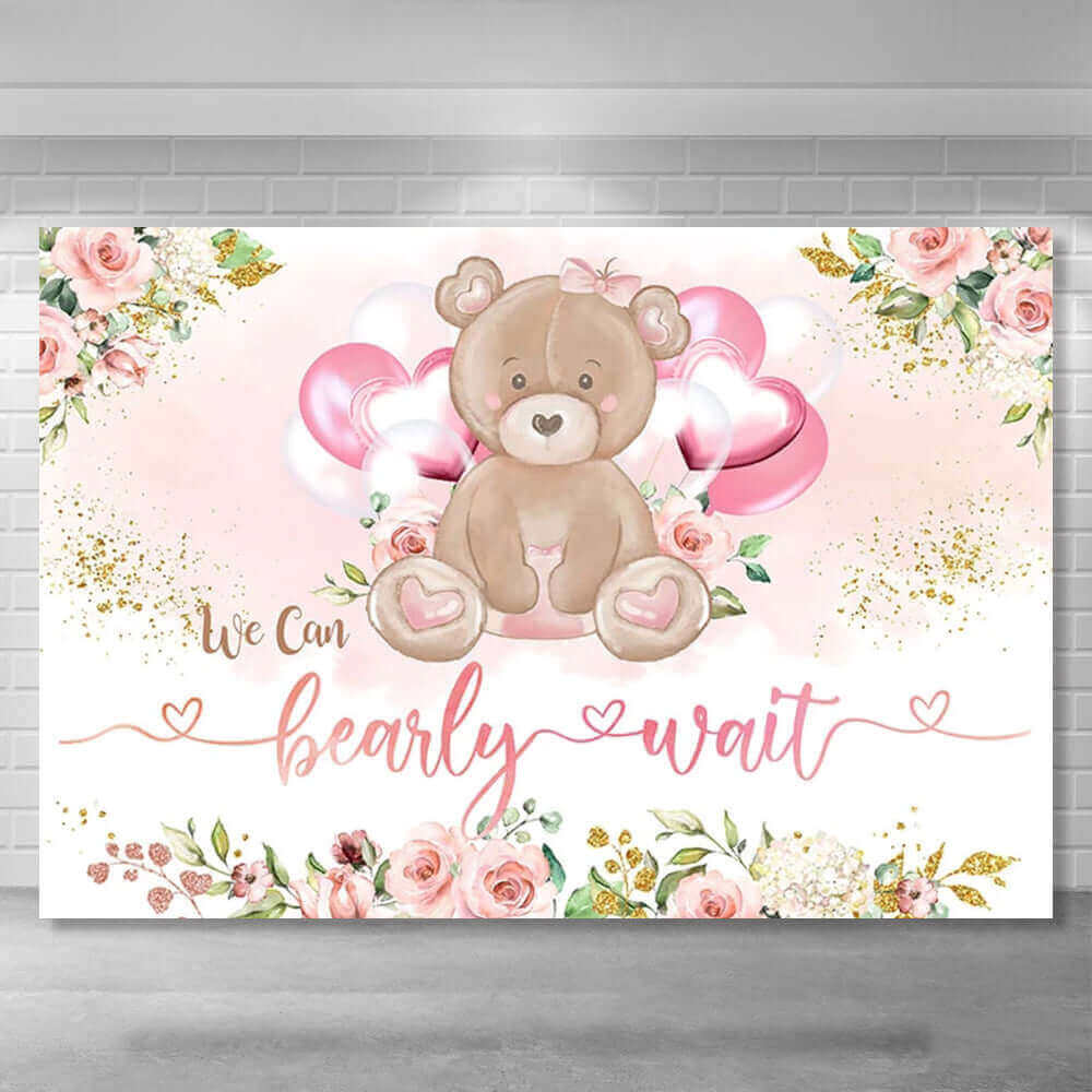 We Can Bearly Wait Hintergrund, süßer Bär, Babyparty, Geburtstagsparty, Blumenmuster, Fotostudio-Hintergrund