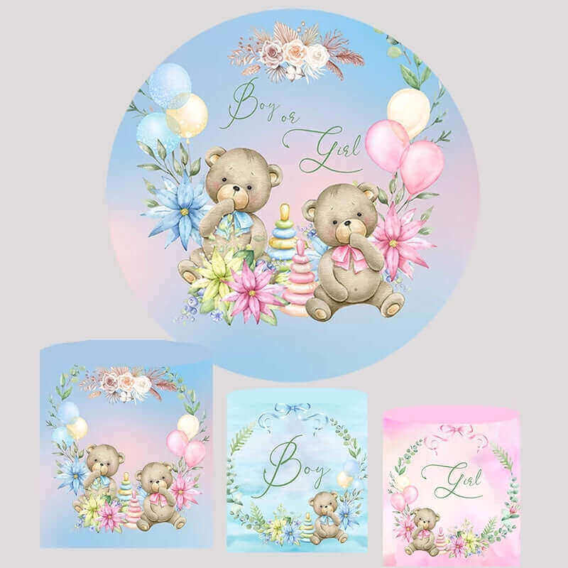 Cute Bear Gender Reveal Party Round Background Plinth Cylinder Covers Backdrop