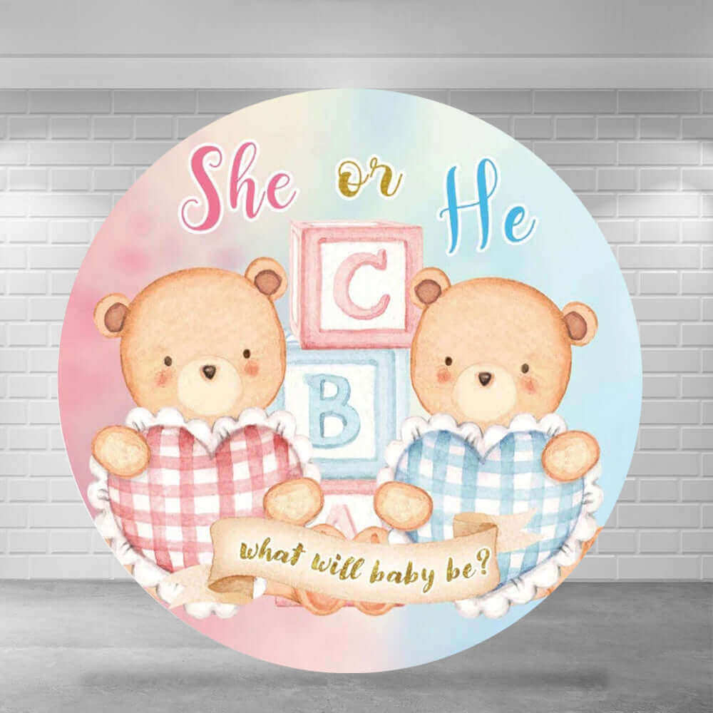 Cute Bear Theme He or She Gender Reveal Round Backdrop Cover