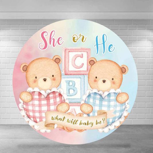 Tema slatkog medvjeda, on ili ona, otkrivanje spola, okrugla pozadina, naslovna zabava