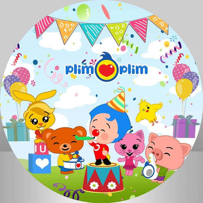Sfondo rotondo simpatico cartone animato Plim per la prima festa di compleanno dei bambini