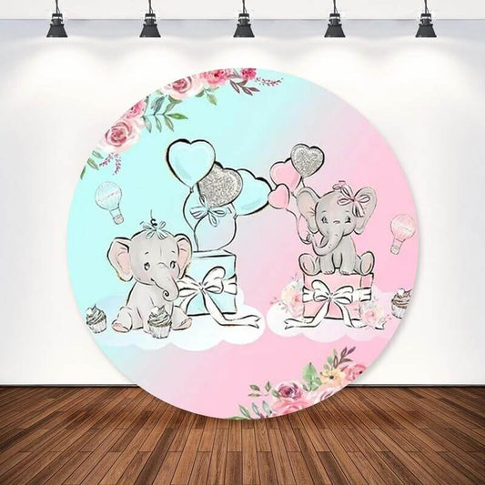 Милый слон мальчик или девочка раскрывают пол на круглом фоне вечеринки