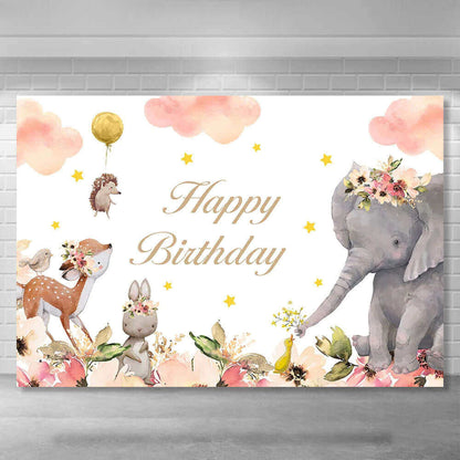 Cute Elephant Hedgehog Animal Theme Happy Birthday Backdrop Party