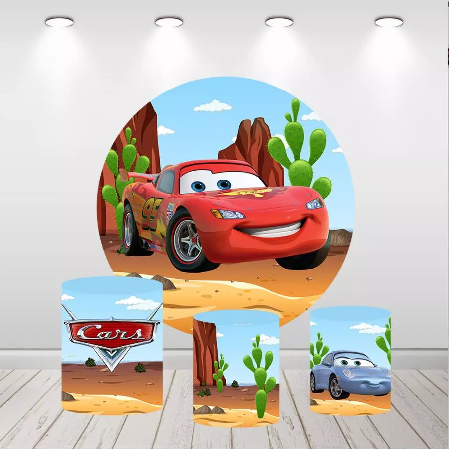 Disney Cars Lightning McQueen Round Backdrop Race Car Birthday Party Decor