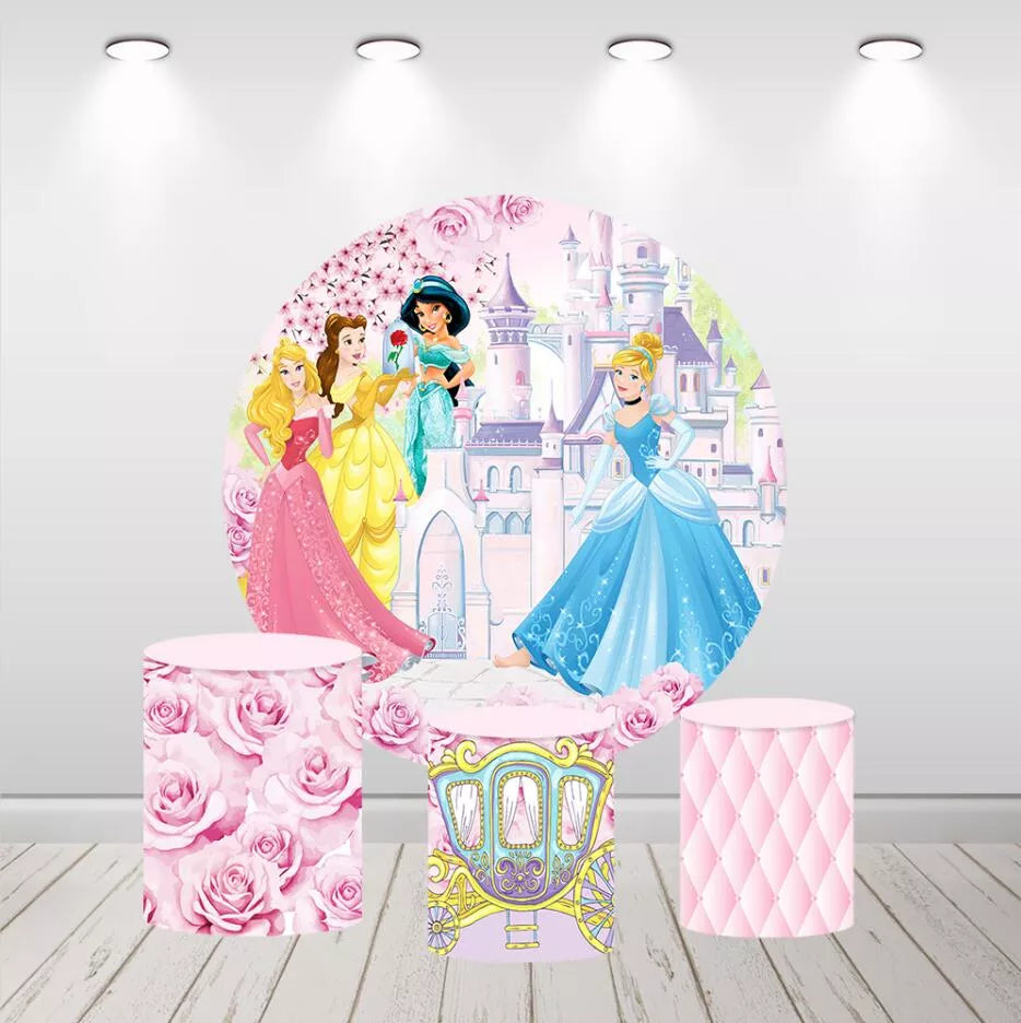 Disney Princess Castle Round Backdrop Floral Girls Birthday Party Decor