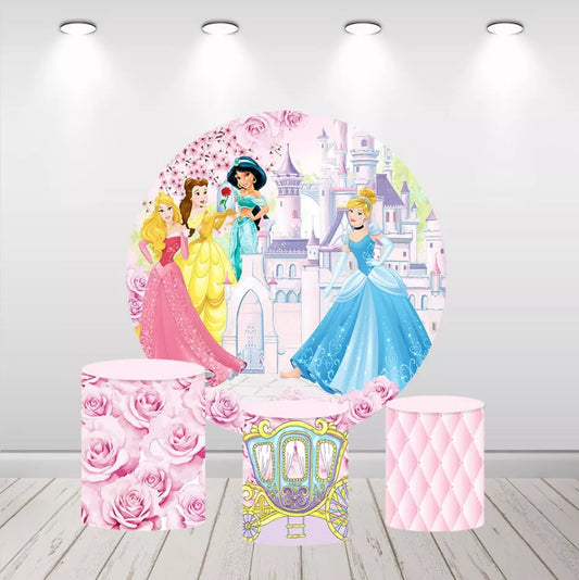Disney Princess Castle Round Backdrop Floral Girls Birthday Party Decor