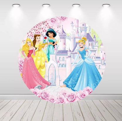 Disney Princess Castle Round Backdrop Floral Girls Birthday Party Decor
