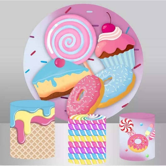 Круглий фон і кришки для циліндрів на вечірці до дня народження дівчинки-пончика