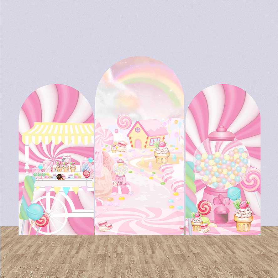 Sfondo ad arco con ciambelle, copertura fronte-retro, per ragazze, festa di compleanno, gelato personalizzato, parete ad arco rosa