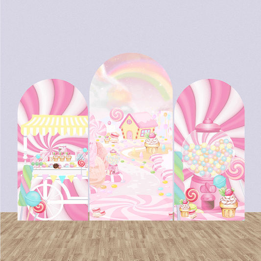 Pozadina s lukom od krafni, dvostrana naslovnica, rođendanska zabava za djevojke, prilagođeni sladoled, ružičasti lučni zid