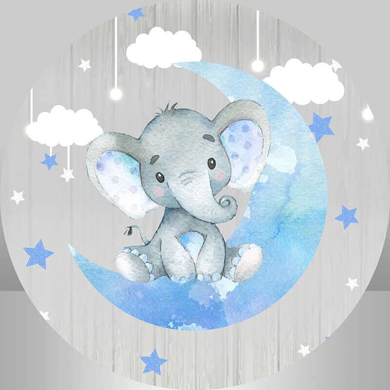 Elephant Blue Twinkle Star Boys Baby Shower Party Round Backdrop
