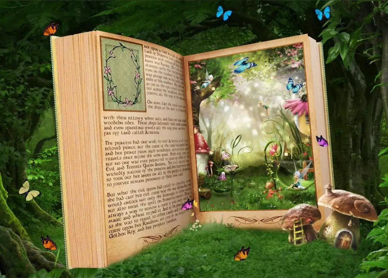 Livre de fées forêt magique, toile de fond pour fête prénatale, anniversaire, photographie