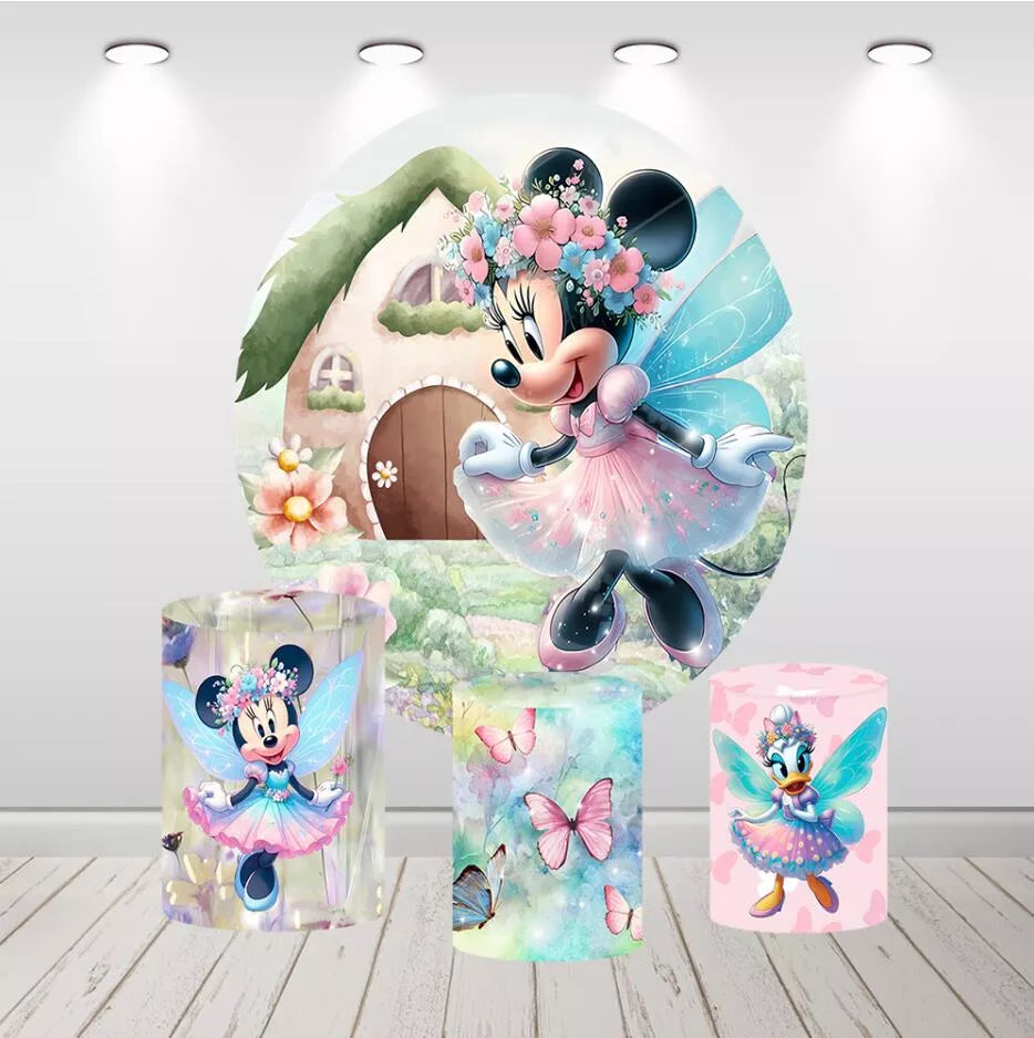 Fairy Garden Minnie Daisy Girls Birthday Decor Round Backdrop