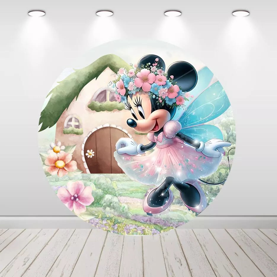 Fairy Garden Minnie Daisy Girls Birthday Decor Round Backdrop
