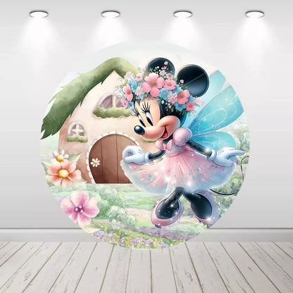 Fairy Garden Minnie Daisy Girls Birthday Decor Round Backdrop