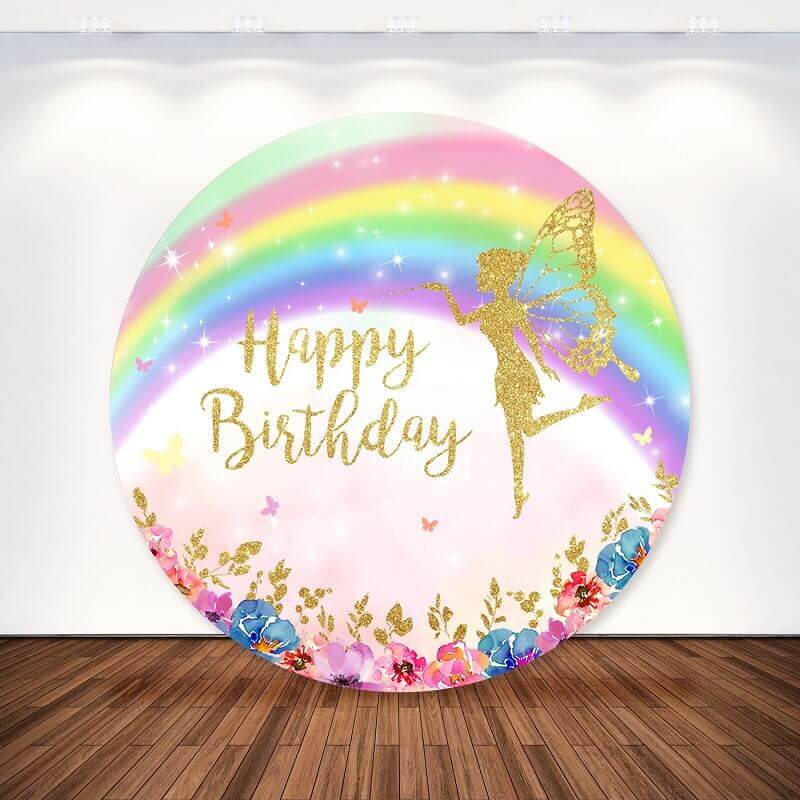 Fairy Girl Rainbow Flowers Happy Birthday Round Backdrop Cover