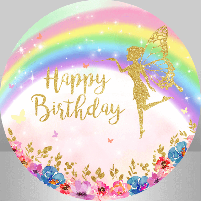 Fairy Girl Rainbow Flowers Happy Birthday Round Backdrop Cover Party
