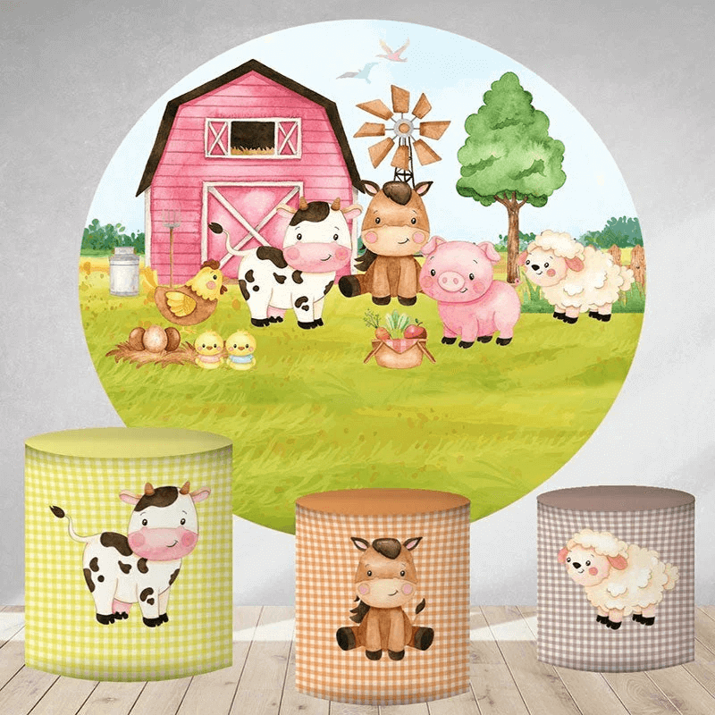 Životinje s farme, ružičasta štala, dekoracija dječje rođendanske proslave, okrugla kružna pozadina