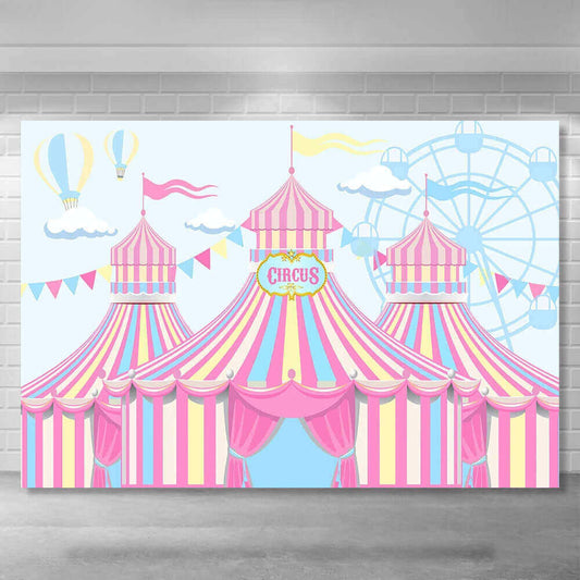 Цирковая тема, фон для дня рождения, колесо обозрения, воздушный шар, розовая палатка, фон для фотосъемки, вечерние