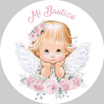 First Holy Communion Flower Baby Wings Girl Baptism Round Backdrop Party