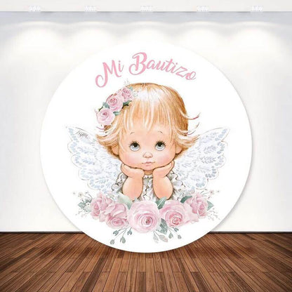 First Holy Communion Flower Baby Wings Girl Baptism Round Backdrop