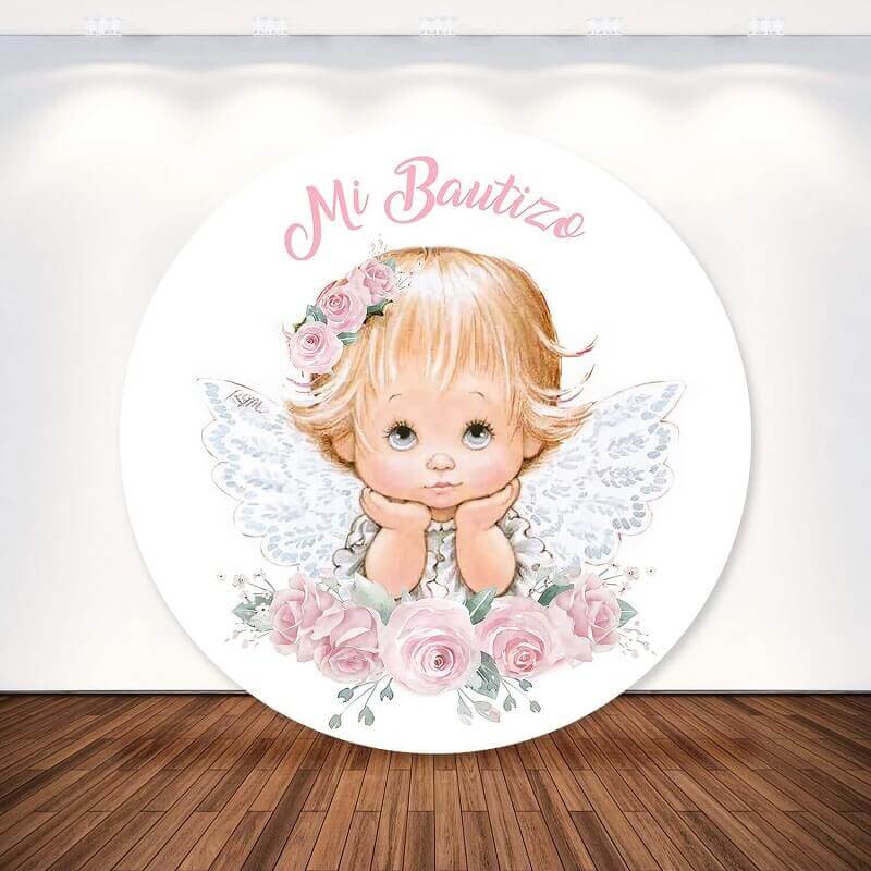 First Holy Communion Flower Baby Wings Girl Baptism Round Backdrop Party