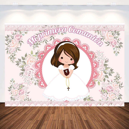 First Holy Communion Backdrops Girl Pink Flower Baptism Party Backgrounds