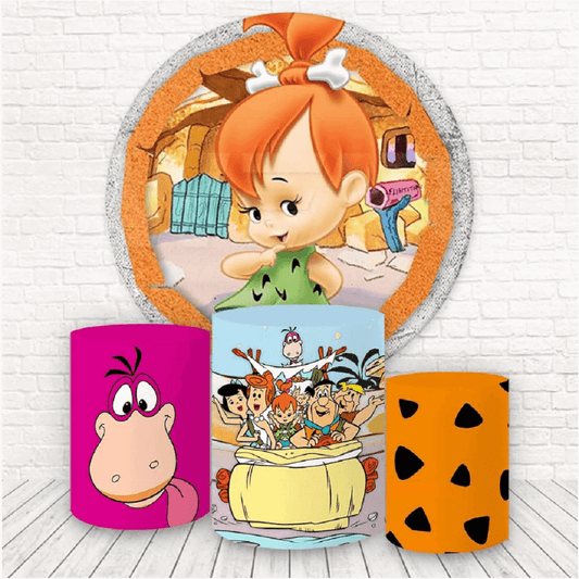 Cenário de fotografia de menina Flintstones para capa redonda de festa de aniversário