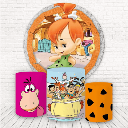 Cenário de fotografia de menina Flintstones para capa redonda de festa de aniversário